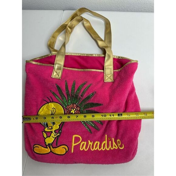 Y2K Tweety Bird Hot Pink Gold Terry Cloth Paradise Large Tote See Description - Picture 7 of 16